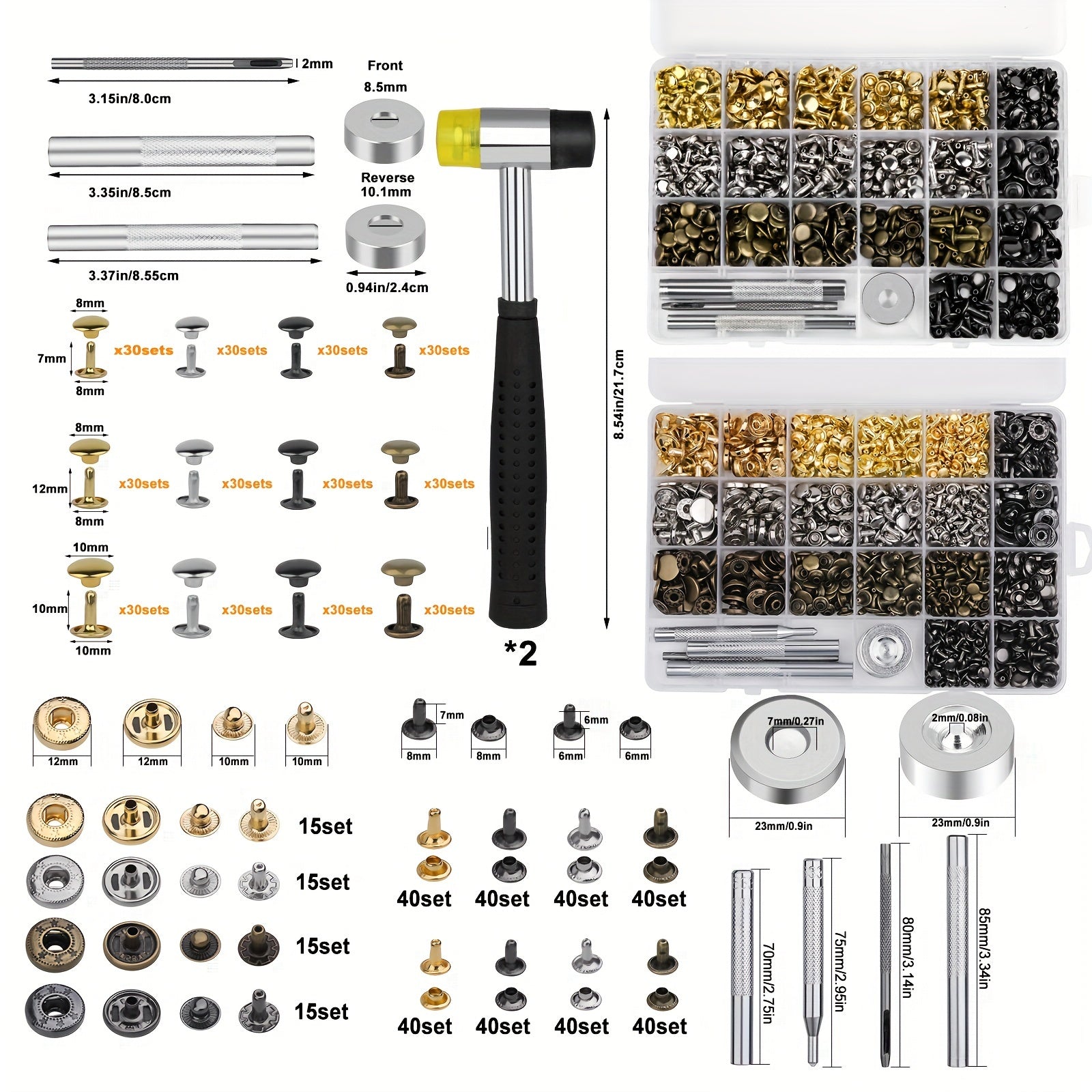 WUTUREE Leather Rivets Kit - With Rubber Hammer, Hole Puncher & Storage Box - Metal Rivets for DIY Leather Craft, Clothes, Shoes Decoration & Repair - For Crafters & DIY Enthusiasts