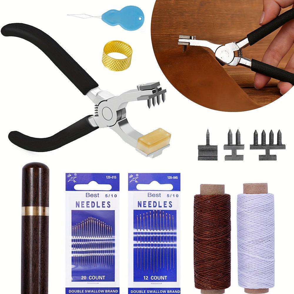 Leather Craft Punching Pliers Set, 4mm Silent Diamond Chopper Leather Punching Pliers with Interchangeable Heads, Metal Hand Sewing Punching Tool Set, Including Leather Needle, Wooden Storage Syringe, Needle Threader, Thimble